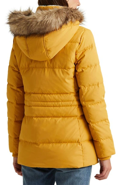 Shop Lauren Ralph Lauren Icon Down & Feather Puffer With Faux Fur Trim Hood In Light Mustard