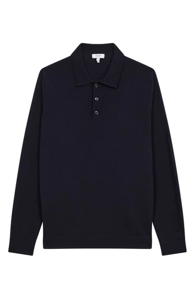 Reiss Mens Navy Trafford Long-sleeve Merino-wool Polo Top In Navy