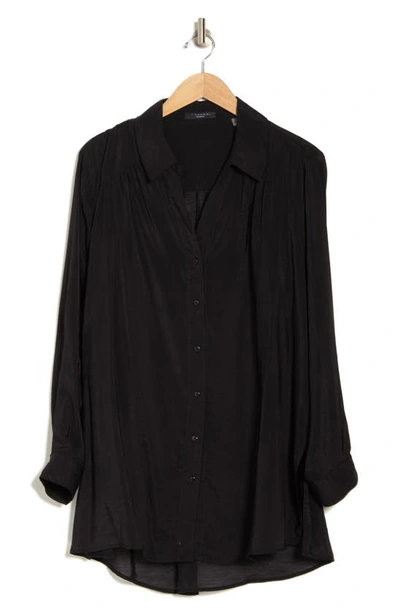 Shop T Tahari Long Sleeve Button-up Tunic Shirt In Black