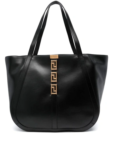 Shop Versace Large Tote Calf Leather Bags In Black
