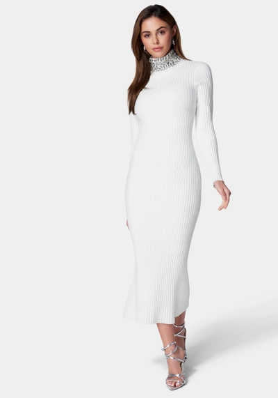 Bebe Crystal Neck Midi Sweater Dress In Snow White,silver