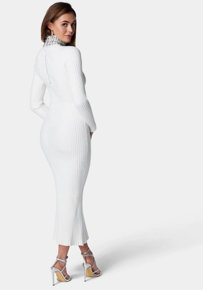 Bebe Crystal Neck Midi Sweater Dress In Snow White,silver