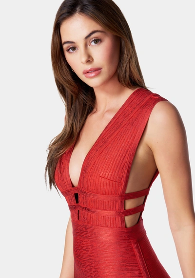 Bebe Foiled Bandage Plunge Neck Midi Dress In True Red