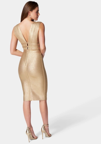 Bebe Foiled Bandage Plunge Neck Midi Dress In Gold