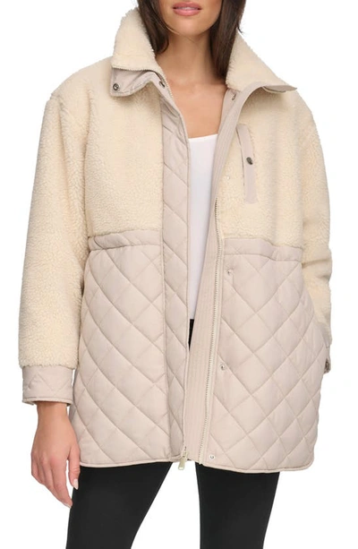 Shop Andrew Marc Sport Mixed Media Faux Shearling Quilted Jacket In Twine