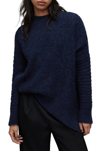 Shop Allsaints Selena Mixed Stitch Asymmetric Sweater In Midnight Blue
