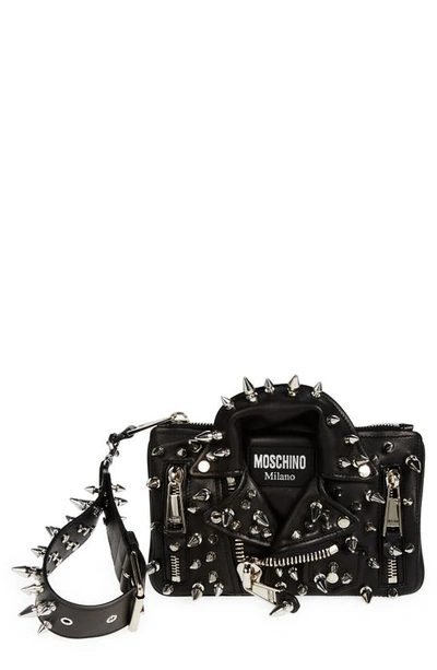 Shop Moschino Biker Spikes Leather Wristlet In Fantasy Print Black