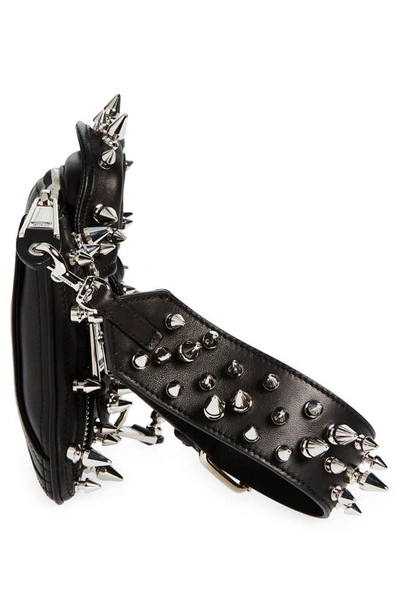 Shop Moschino Biker Spikes Leather Wristlet In Fantasy Print Black