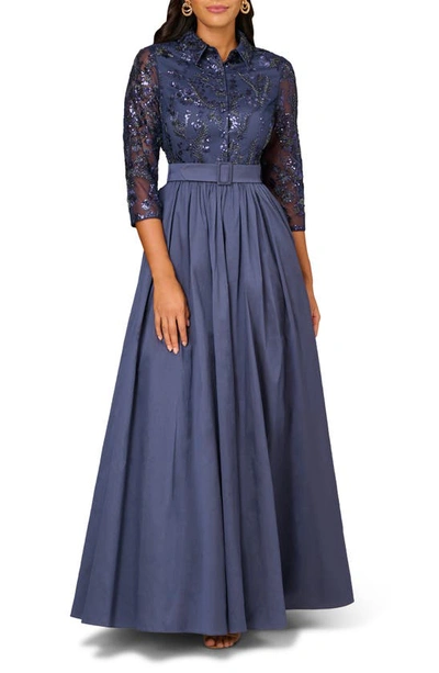 Shop Aidan Mattox By Adrianna Papell Sequin Belted Taffeta Ballgown In Twilight