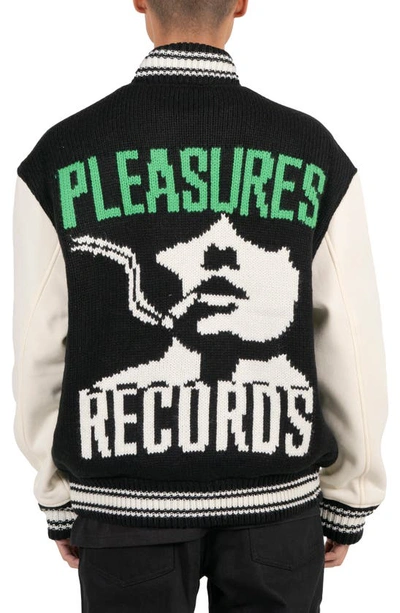 Shop Pleasures Smoke Knit Graphic Varsity Jacket In Black