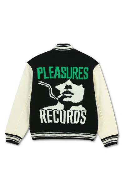 Shop Pleasures Smoke Knit Graphic Varsity Jacket In Black