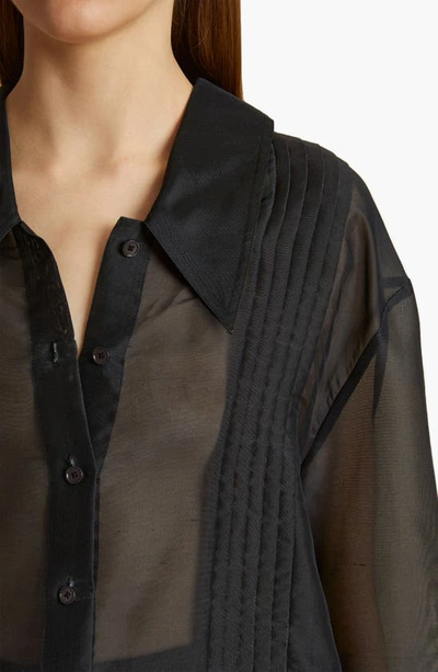 Shop Khaite Nori Pleated Sheer Silk Button-up Shirt In Black