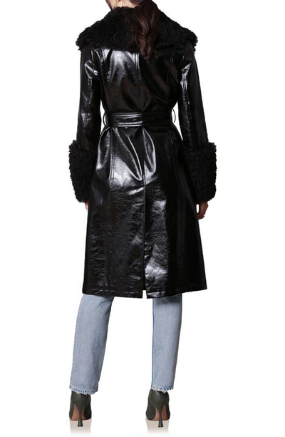 Shop Avec Les Filles Belted Faux Fur Trim Faux-ever Leather™ Trench Coat In Black