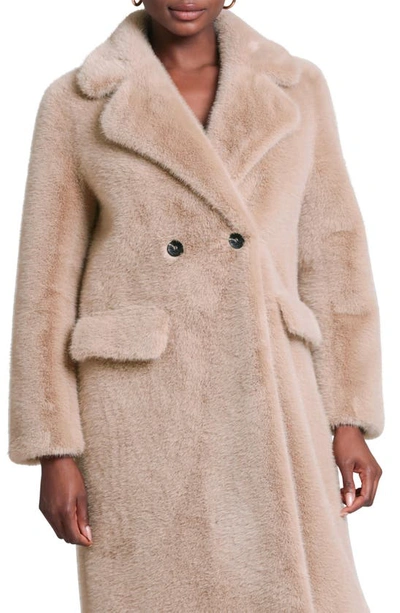 Shop Avec Les Filles Relaxed Fit Longline Double Breasted Faux Mink Coat In Tan