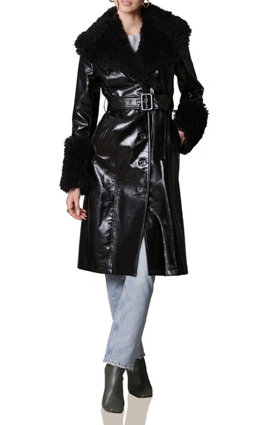 Shop Avec Les Filles Belted Faux Fur Trim Faux-ever Leather™ Trench Coat In Black