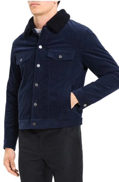 Shop Theory Neil Stretch Corduroy Jean Jacket With Faux Fur Lining In Baltic - Xhx