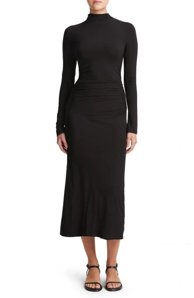 Shop Vince Long Sleeve Silk Knit Midi Dress In Black