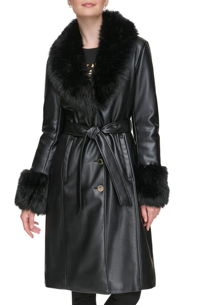 Shop Karl Lagerfeld Faux Leather & Faux Fur Trench Coat In Black