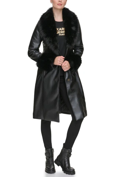 Shop Karl Lagerfeld Faux Leather & Faux Fur Trench Coat In Black