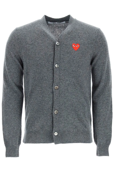 Shop Comme Des Garçons Play Wool Cardigan With Heart Patch In Grey