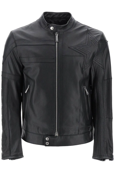 Shop Dsquared2 Leather Biker Jacket With Contrasting Lettering In Black