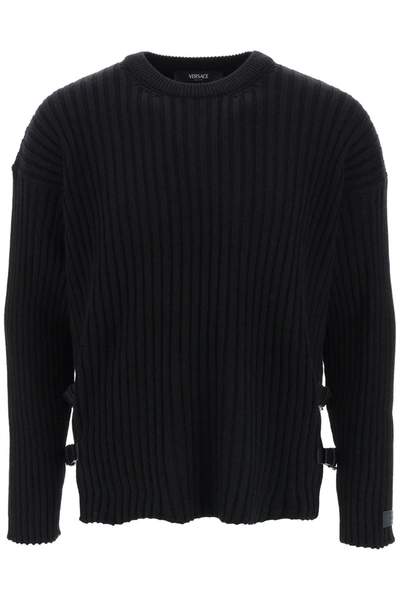 Shop Versace Ribbed-knit Sweater With Leather Straps In Black