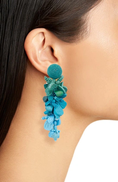 Shop Oscar De La Renta Flower Cluster Linear Drop Clip-on Earrings In Blue