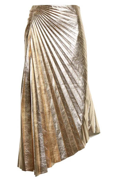 Shop A.l.c Tori Pleated Asymmetric Metallic Faux Leather Skirt In Gold