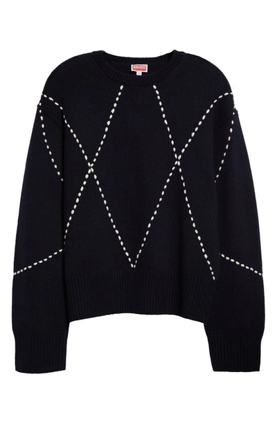 Shop Kenzo Sashiko Stitch Wool Blend Crewneck Sweater In 77- Midnight Blue