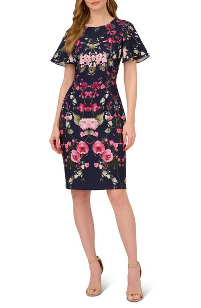Shop Adrianna Papell Floral Crepe Sheath Dress In Navy Multi