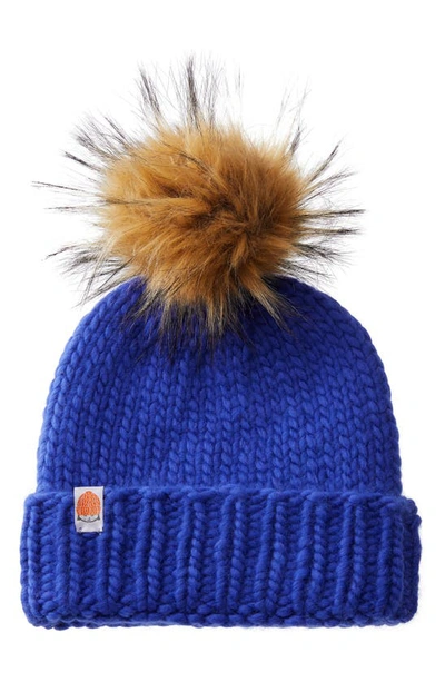 Shop Sht That I Knit The Rutherford Faux Fur Pompom Merino Wool Beanie In Royal Blue