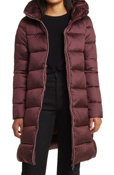 Shop Save The Duck Lysa Quilted Hooded Longline Coat In Burgundy Black
