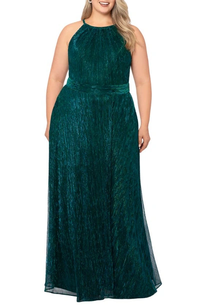 Shop Betsy & Adam Metallic Crinkle A-line Gown In Jade