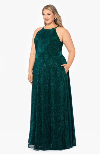 Shop Betsy & Adam Metallic Crinkle A-line Gown In Jade