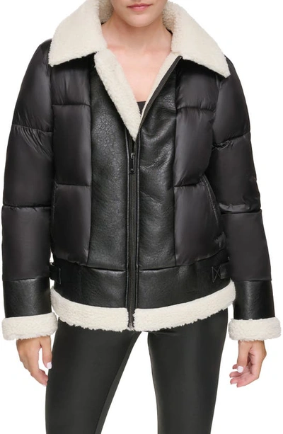 Shop Andrew Marc Sport Ciré Faux Shearling Puffer Jacket In Black/cream