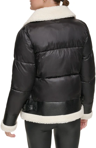 Shop Andrew Marc Sport Ciré Faux Shearling Puffer Jacket In Black/cream