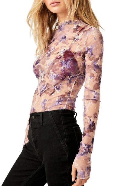 Shop Free People Printed Lady Sheer Embroidered Long Sleeve Top In Fallen Rose Combo