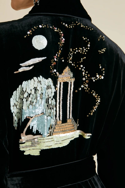 Shop Olivia Von Halle Capability Arcadia Black Embellished Robe In Silk Velvet