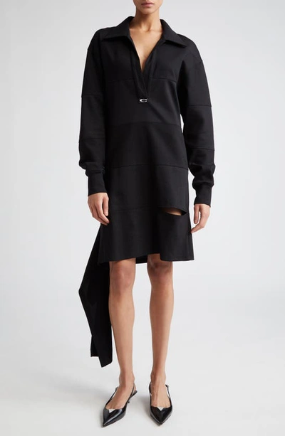 Shop Commission Snipped Cascade Long Sleeve Cotton Blend Polo Dress In Black