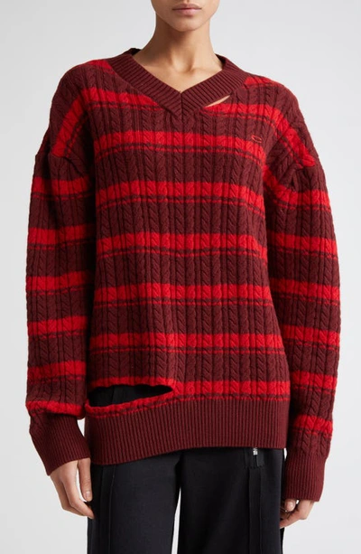 Shop Commission University Stripe Cutout Detail Cable Stitch Merino Wool V-neck Sweater In Maroon