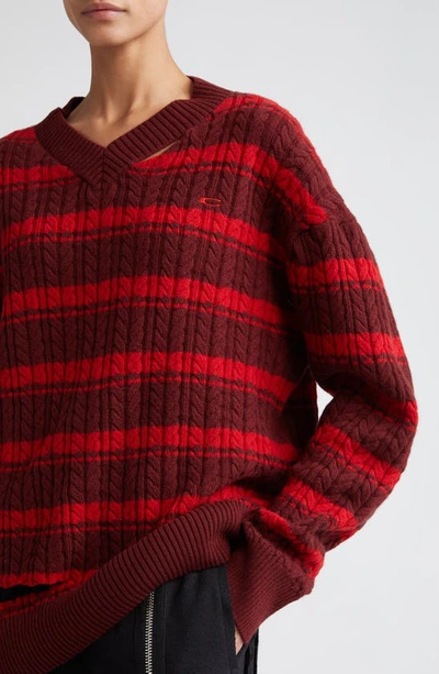 Shop Commission University Stripe Cutout Detail Cable Stitch Merino Wool V-neck Sweater In Maroon