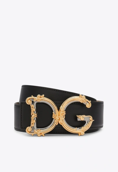 Shop Dolce & Gabbana Baroque Dg Logo Leather Belt In Black