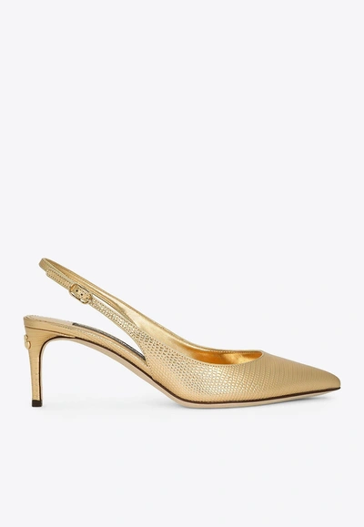 Shop Dolce & Gabbana Cardinale 60 Metallic Slingback Pumps In Iguana Print Leather In Gold