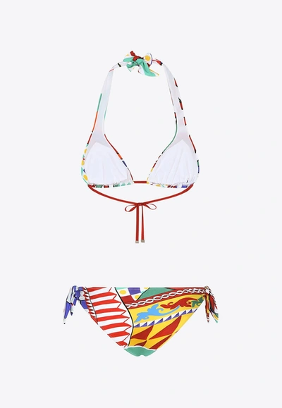 Shop Dolce & Gabbana Carretto Print Padded Triangle Bikini In Multicolor
