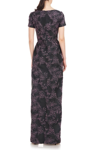 Shop Kay Unger Rosalyn Floral Short Sleeve Column Gown In Black/ Dark Lavender