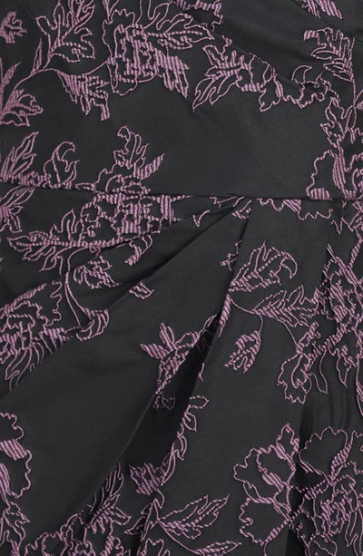 Shop Kay Unger Rosalyn Floral Short Sleeve Column Gown In Black/ Dark Lavender