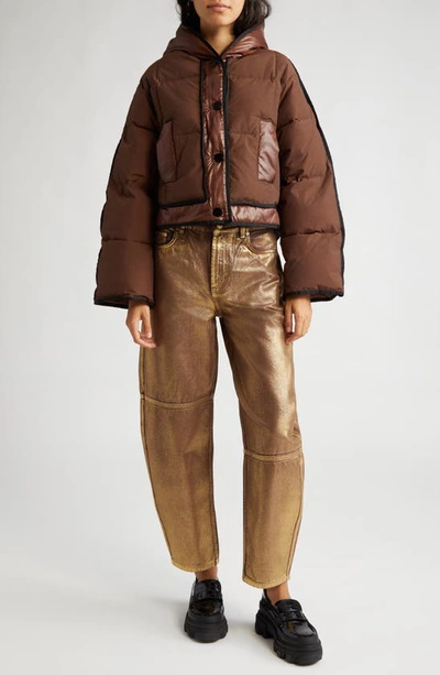 Shop Ganni Mixed Media Hooded Puffer Jacket In Shaved Chocolate