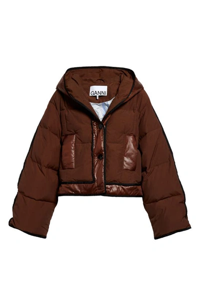 Shop Ganni Mixed Media Hooded Puffer Jacket In Shaved Chocolate