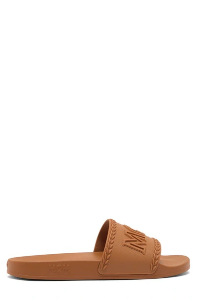 Shop Mcm Logo Slide Sandal In Cognac