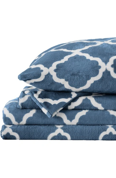 Woven & Weft Printed Plush Velour Sheet Set In Lattice - Smoke Blue / White
